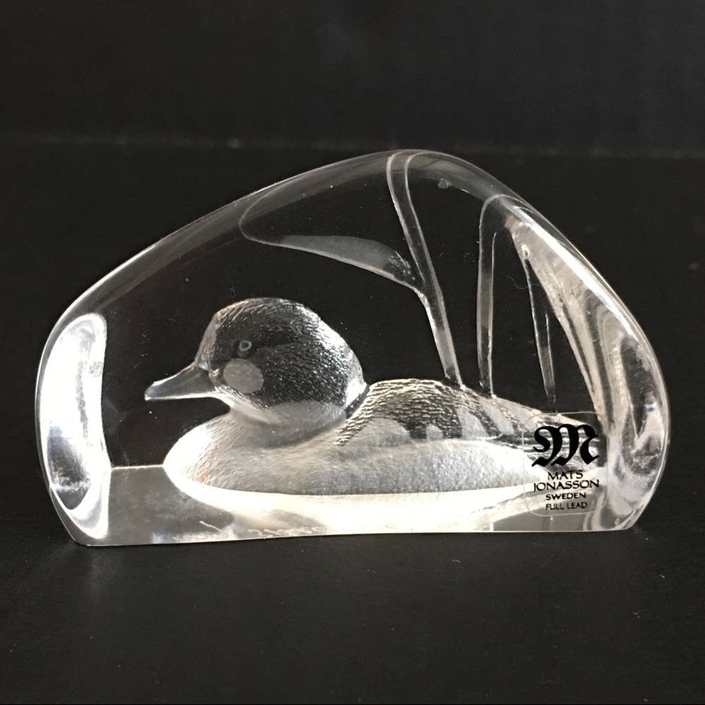 Signed Crystal Etched Carved Mallard by Artist Mats Jonasson Sweden